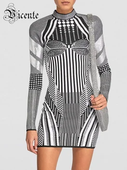 VC Винтажное мини-платье в геометрическом стиле 2023, Весенние Элегантные Женские Вечерние Платья с длинным рукавом, Облегающие Бандажные платья