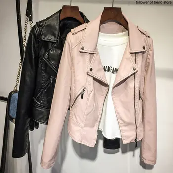Модная Розовая кожаная куртка, Короткая Весенне-осенняя кожаная куртка из искусственной кожи, мотоциклетная корейская куртка с отворотом, Уличная одежда, пальто на молнии