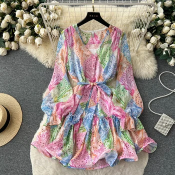 Модное подиумное шифоновое пляжное платье с великолепными цветочными оборками, женское платье с V-образным вырезом, длинным пышным рукавом, Цветочным принтом в стиле Бохо, Vestidos