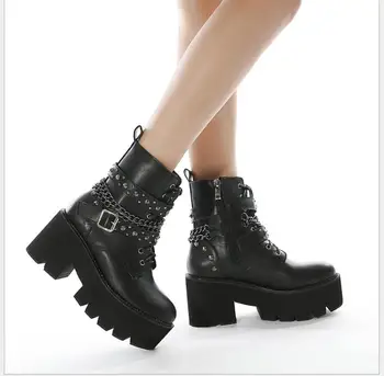 Новая женская обувь на среднем каблуке со шнуровкой, женская обувь с металлической пряжкой, Женская обувь Большого размера, женские мотоциклетные ботильоны на платформе